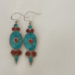 Traditional Tibetan Earring oval design, turquoise and sterling silver, TE#023
