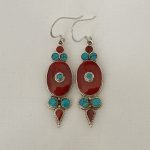 Traditional Tibetan Earring Oval shape, Coral and sterling silver, TE#024
