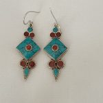 Traditional Tibetan Earring Star design, turquoise and sterling silver, TE#025