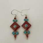 Traditional Tibetan Earring, Star design, coral and sterling silver, TE#026