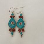 Traditional Tibetan Earring, Tear-drop shape, turquoise and sterling silver, TE#027