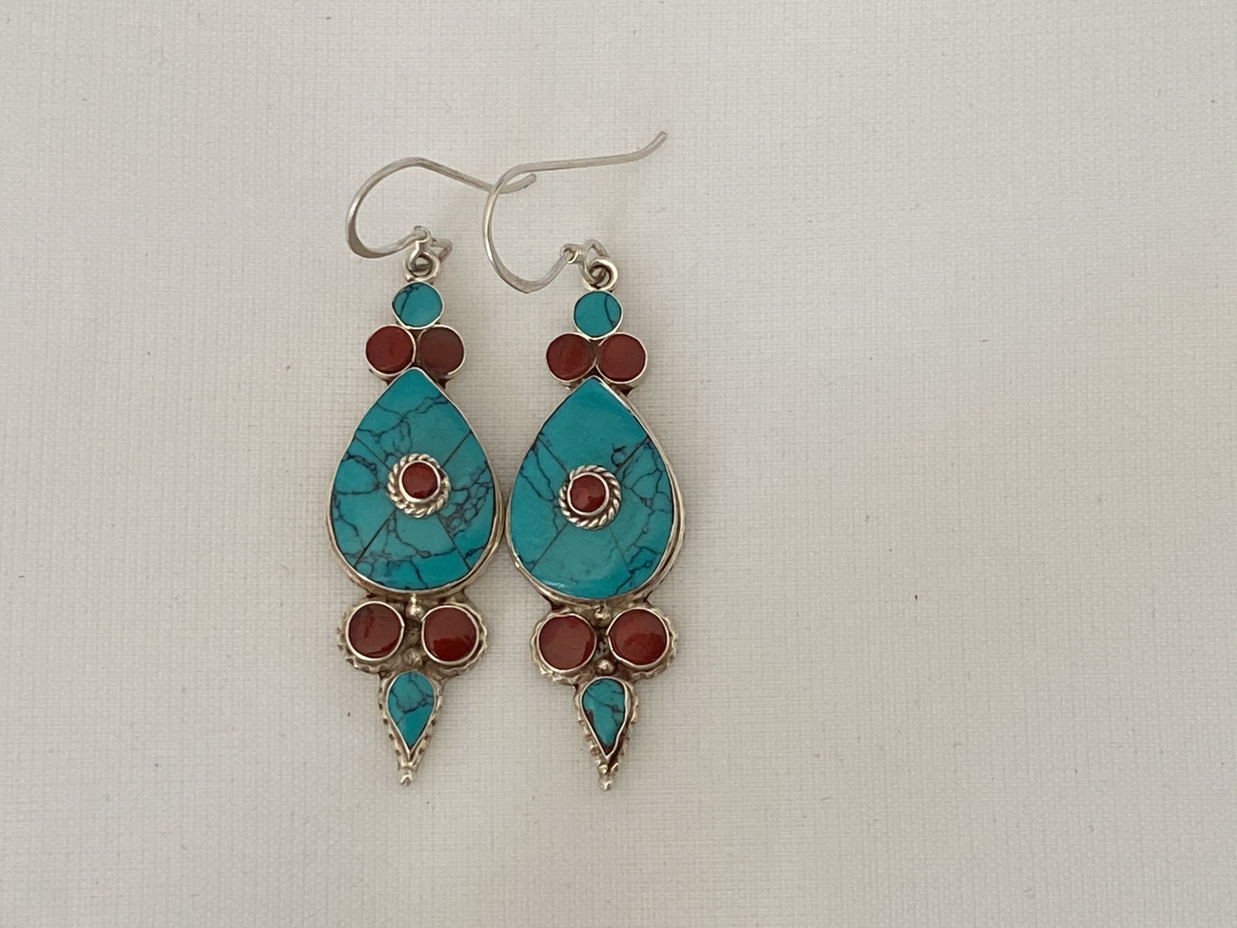 Traditional Tibetan Earring, Tear-drop shape, turquoise and sterling ...