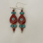 Traditional Tibetan Earring, Tear-drop shape, coral and sterling silver, TE#028