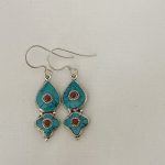 Traditional Tibetan Earring, Flower design, turquoise and sterling silver, TE#029