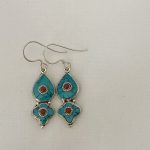 Traditional Tibetan Earring, Flower design, turquoise and sterling silver, TE#029
